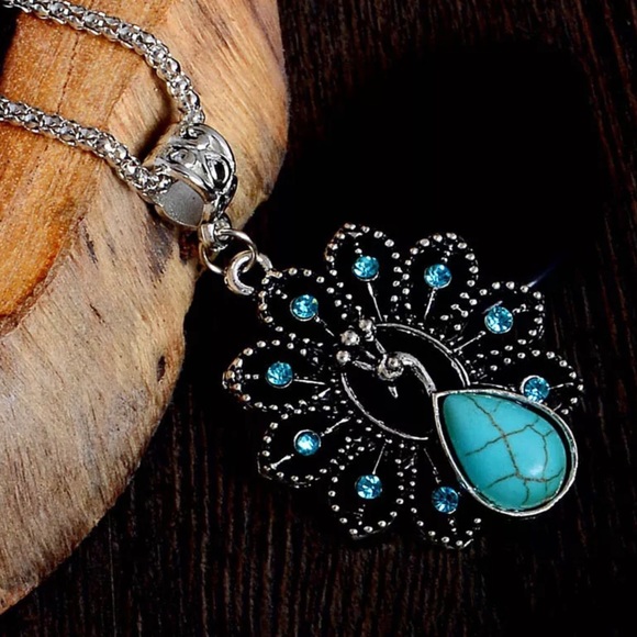Turquoise Silver Peacock Necklace - Picture 4 of 8